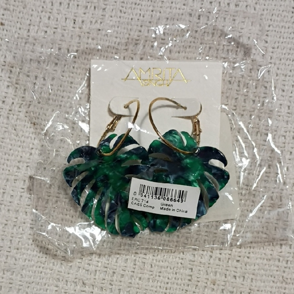 NWT Amrita Singh TJ Max Palm Green and Blue Small Hoop Gold Earrings